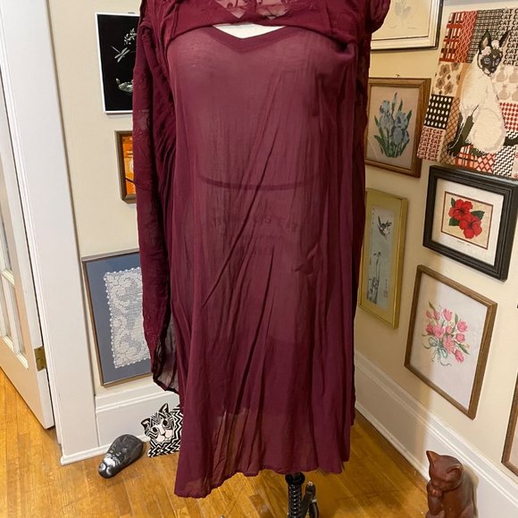 Lola P. Burgundy Red 100% Indian Rayon Embroidered Short Sleeve Maxi Dress M - Picture 5 of 8